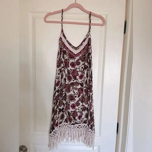 Unique Band of Gypsies floral mini shift dress with fringe and embroidery detail